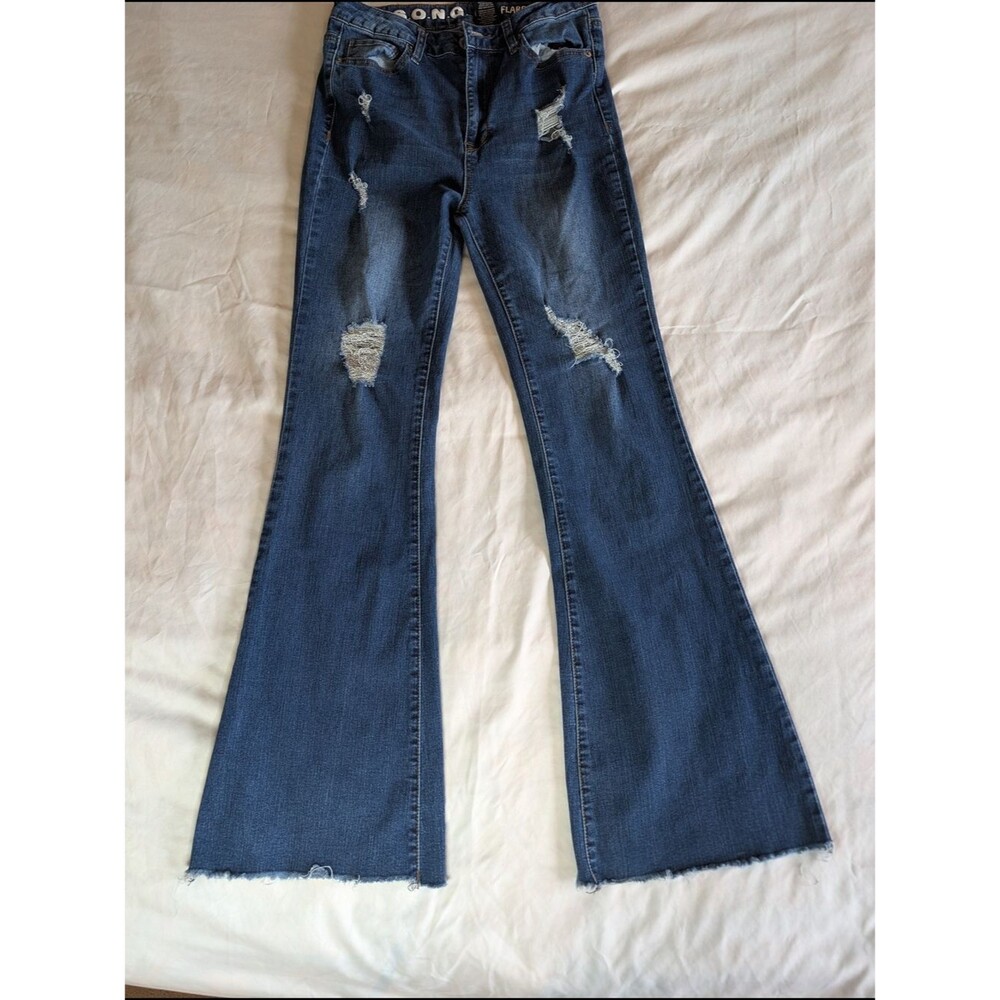 Distressed Dark Blue Flare Jeans - High-Rise Wide Leg Y2K‎ distressed